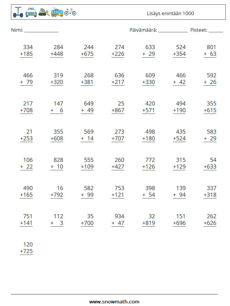 (50) Lisäys enintään 1000 Matematiikan laskentataulukot 12