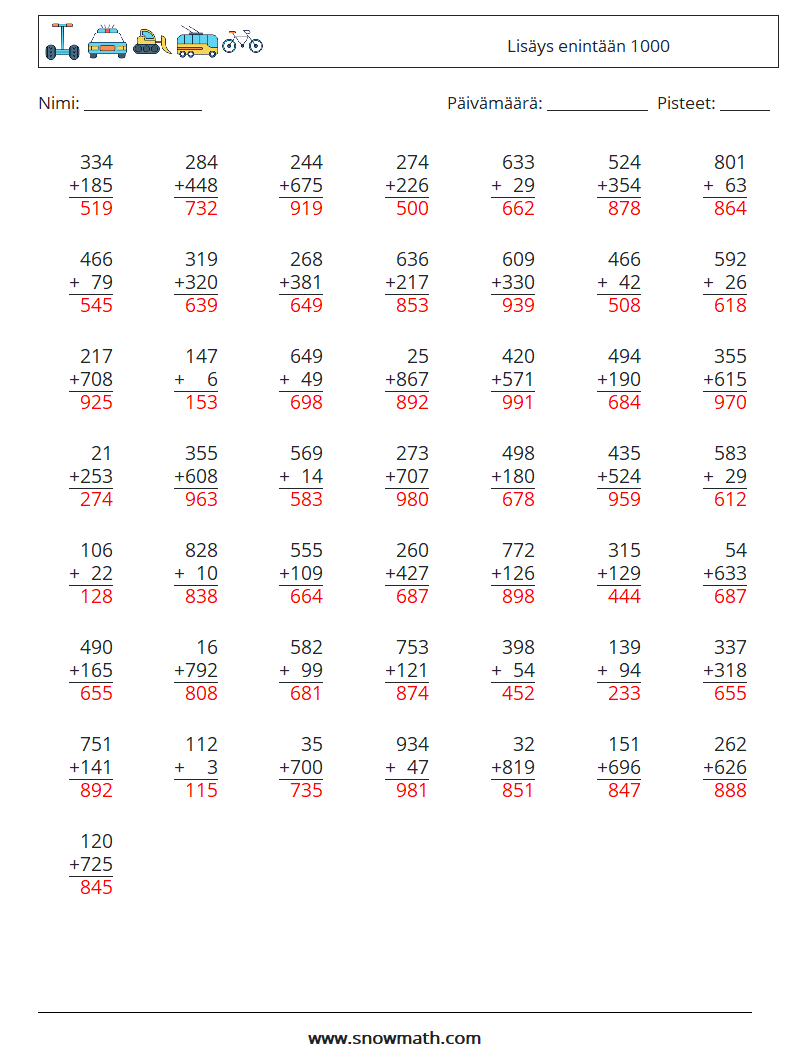 (50) Lisäys enintään 1000 Matematiikan laskentataulukot 12 Kysymys, vastaus