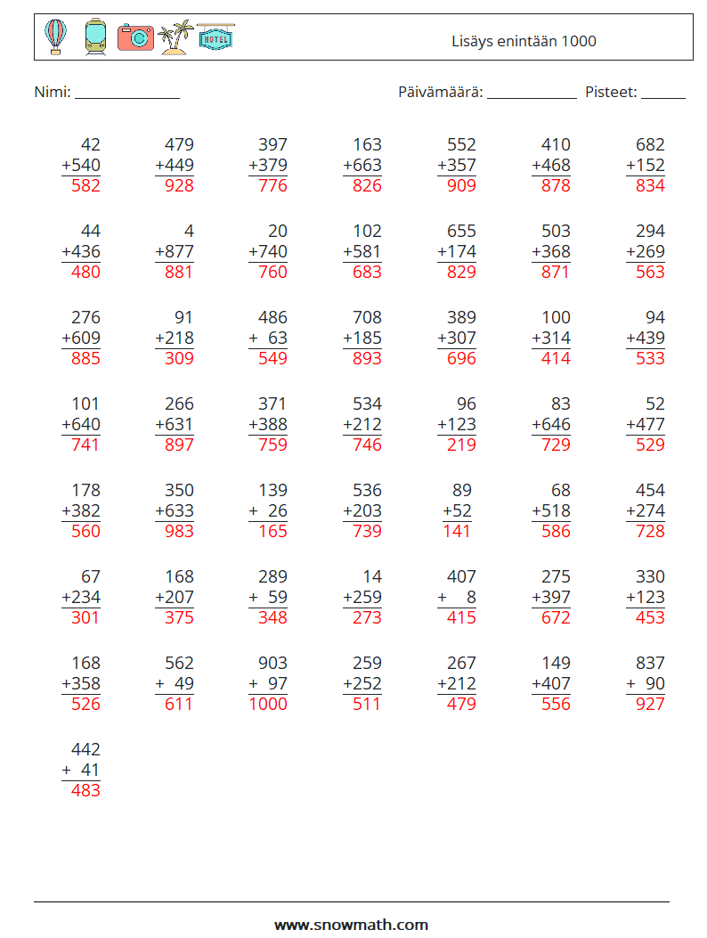 (50) Lisäys enintään 1000 Matematiikan laskentataulukot 13 Kysymys, vastaus