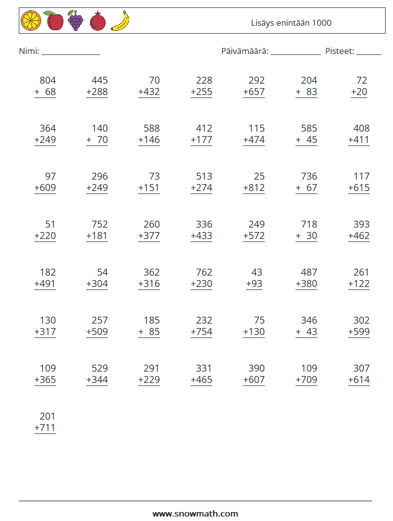 (50) Lisäys enintään 1000 Matematiikan laskentataulukot 14