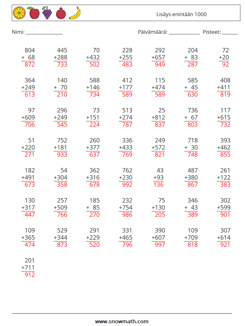 (50) Lisäys enintään 1000 Matematiikan laskentataulukot 14 Kysymys, vastaus