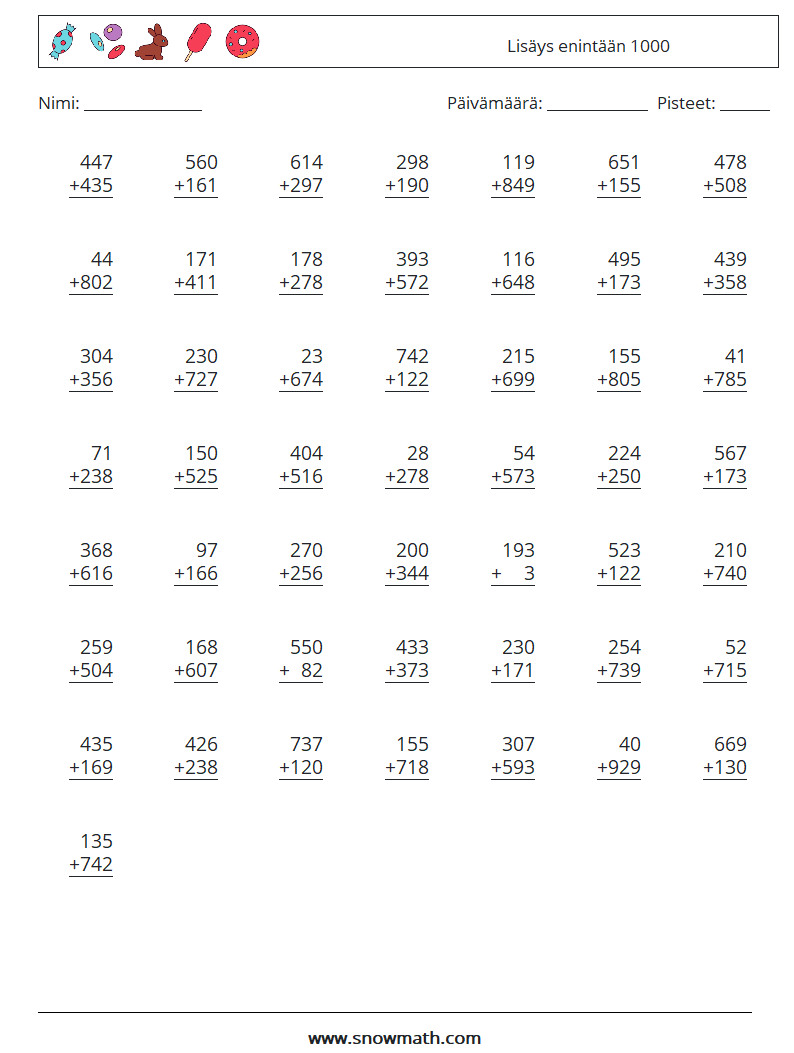 (50) Lisäys enintään 1000 Matematiikan laskentataulukot 15