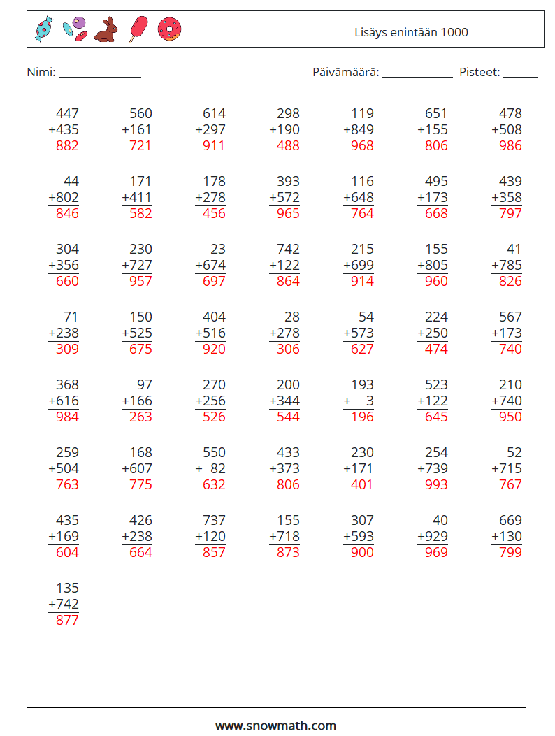 (50) Lisäys enintään 1000 Matematiikan laskentataulukot 15 Kysymys, vastaus