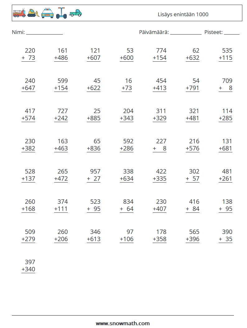 (50) Lisäys enintään 1000 Matematiikan laskentataulukot 16