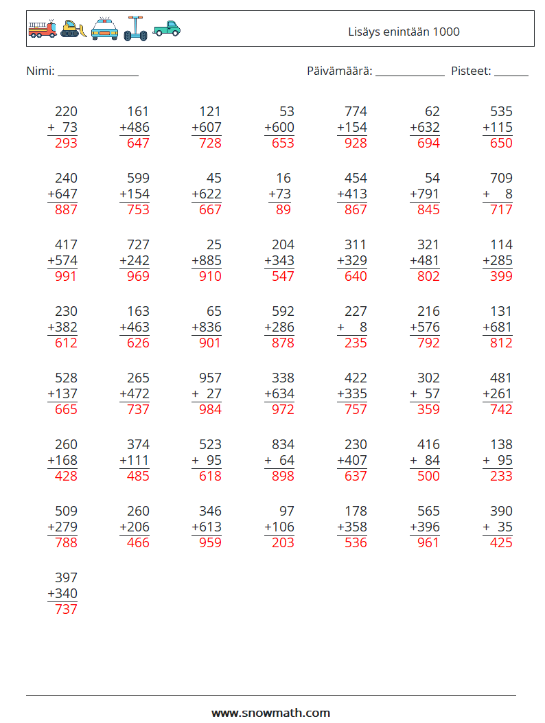 (50) Lisäys enintään 1000 Matematiikan laskentataulukot 16 Kysymys, vastaus