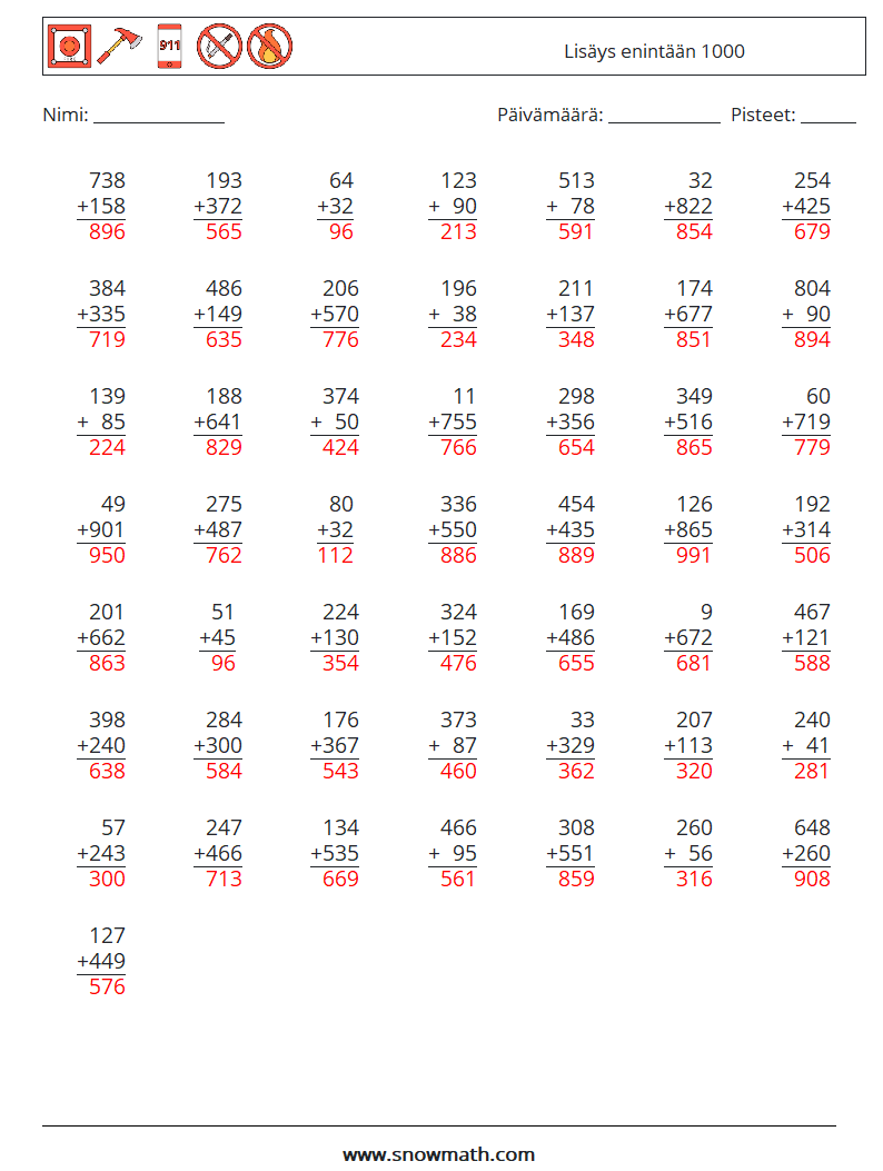 (50) Lisäys enintään 1000 Matematiikan laskentataulukot 17 Kysymys, vastaus