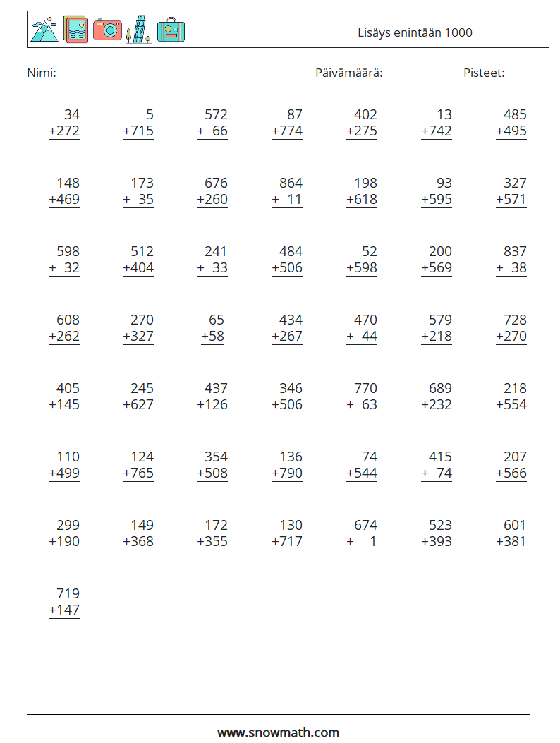 (50) Lisäys enintään 1000 Matematiikan laskentataulukot 18