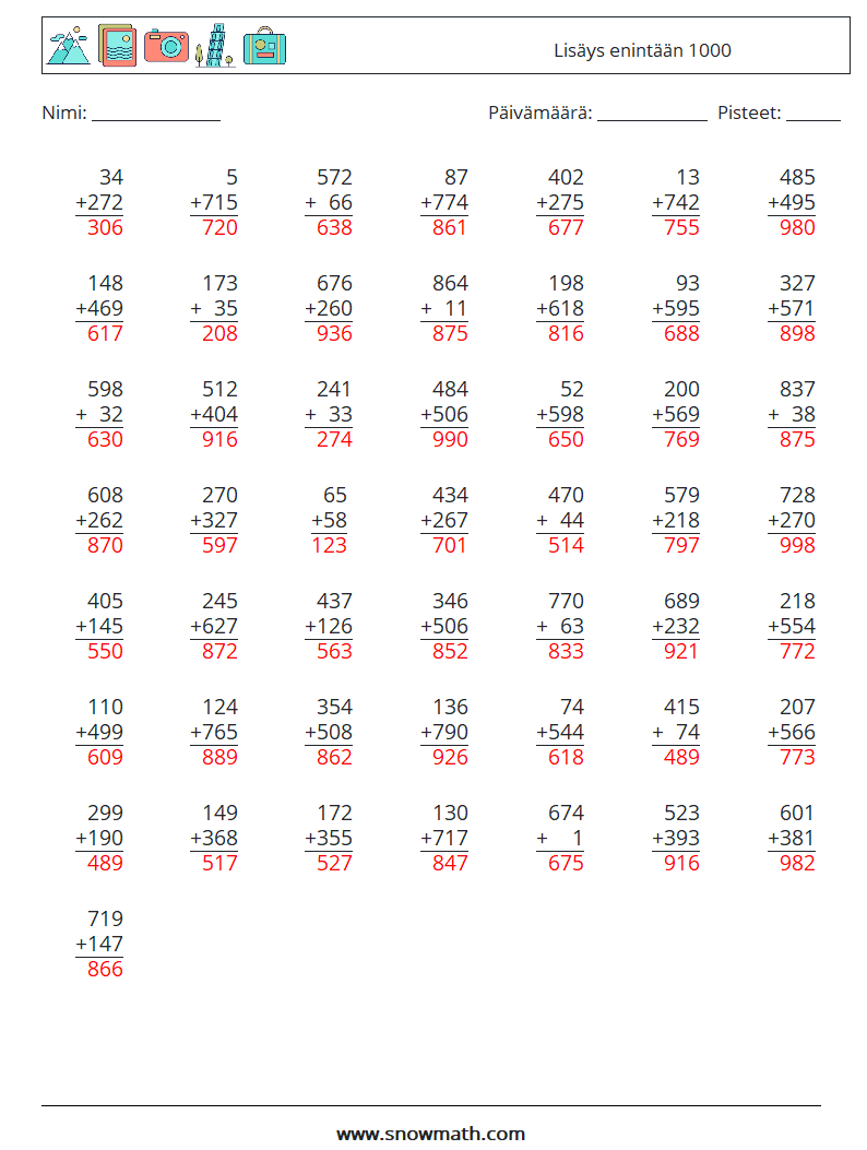 (50) Lisäys enintään 1000 Matematiikan laskentataulukot 18 Kysymys, vastaus