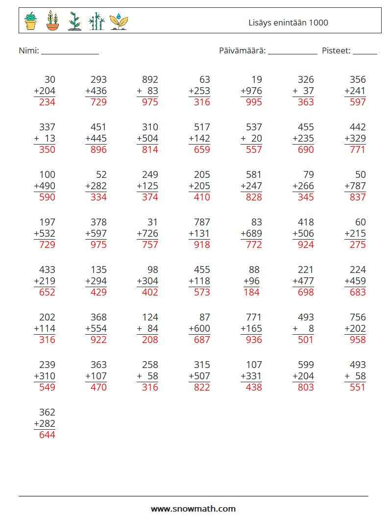 (50) Lisäys enintään 1000 Matematiikan laskentataulukot 1 Kysymys, vastaus