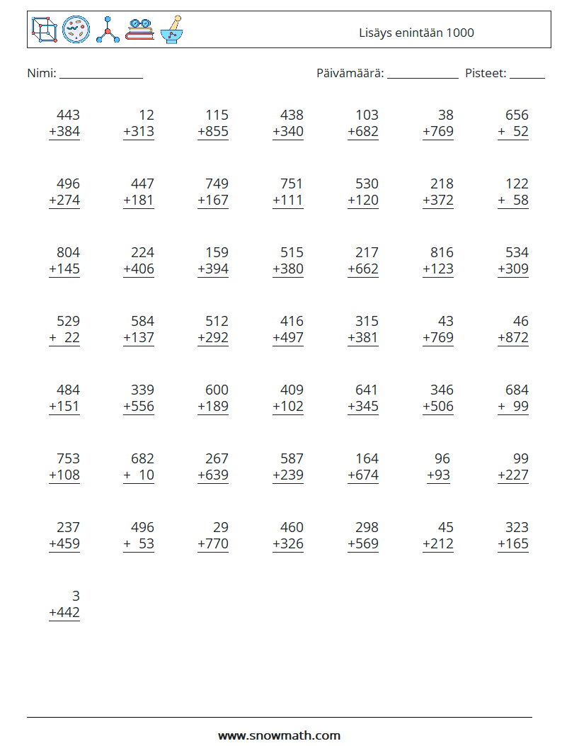 (50) Lisäys enintään 1000 Matematiikan laskentataulukot 2