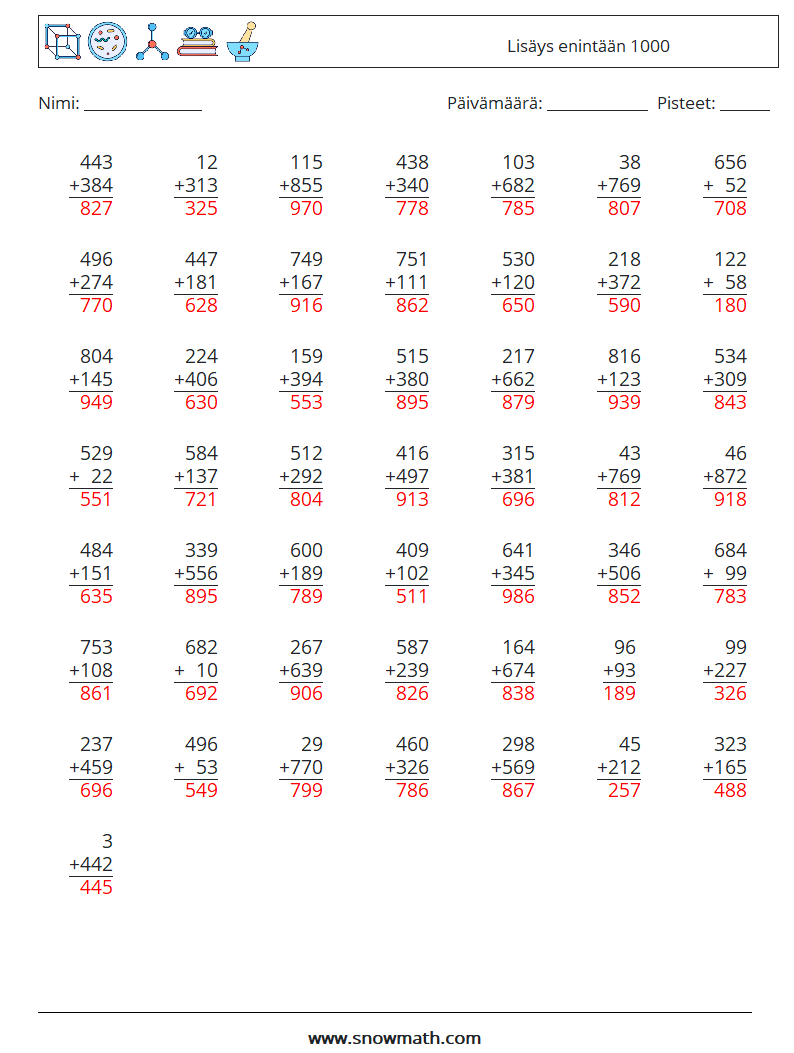 (50) Lisäys enintään 1000 Matematiikan laskentataulukot 2 Kysymys, vastaus