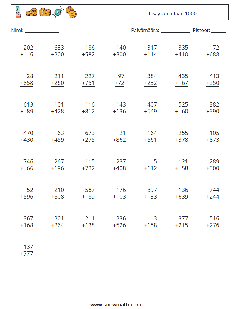 (50) Lisäys enintään 1000 Matematiikan laskentataulukot 3