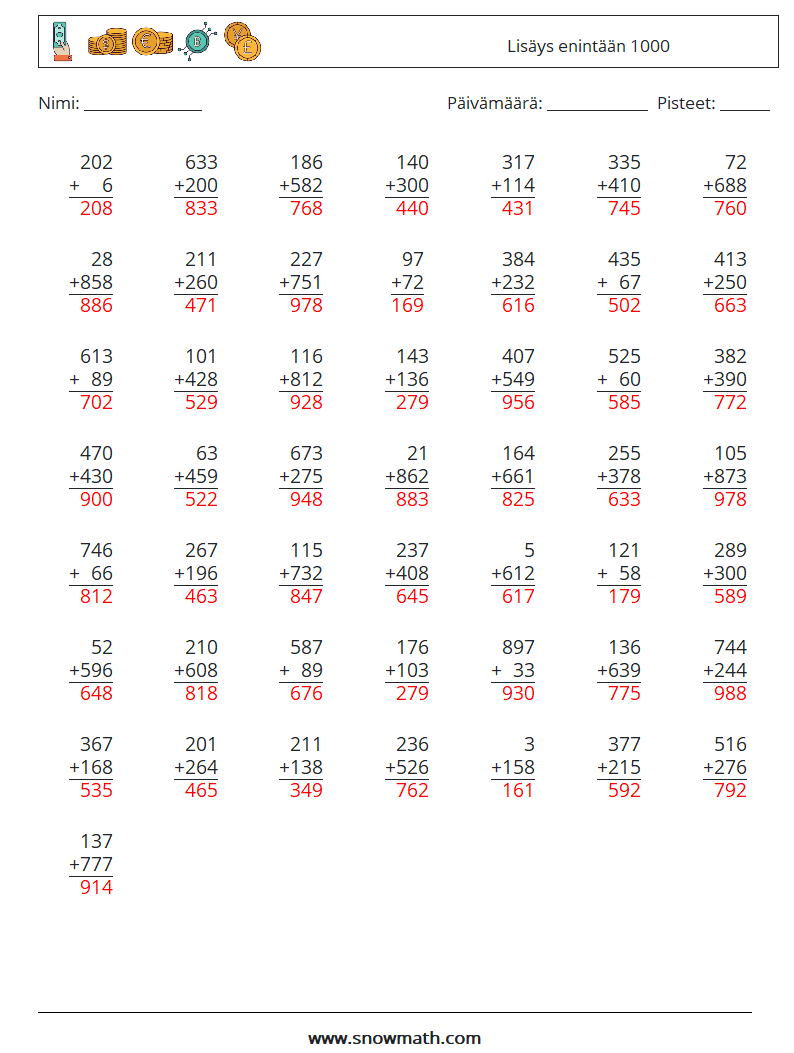 (50) Lisäys enintään 1000 Matematiikan laskentataulukot 3 Kysymys, vastaus