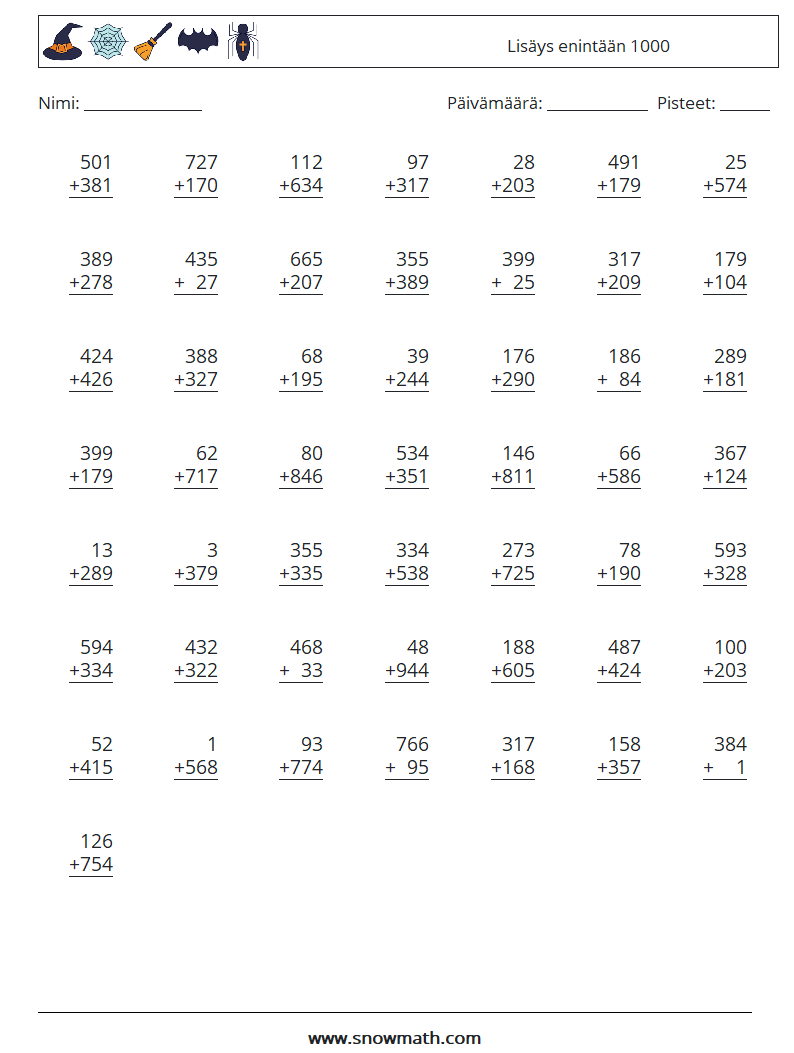 (50) Lisäys enintään 1000 Matematiikan laskentataulukot 5