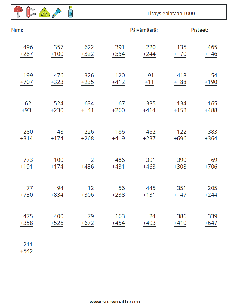 (50) Lisäys enintään 1000 Matematiikan laskentataulukot 6