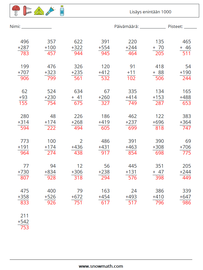 (50) Lisäys enintään 1000 Matematiikan laskentataulukot 6 Kysymys, vastaus