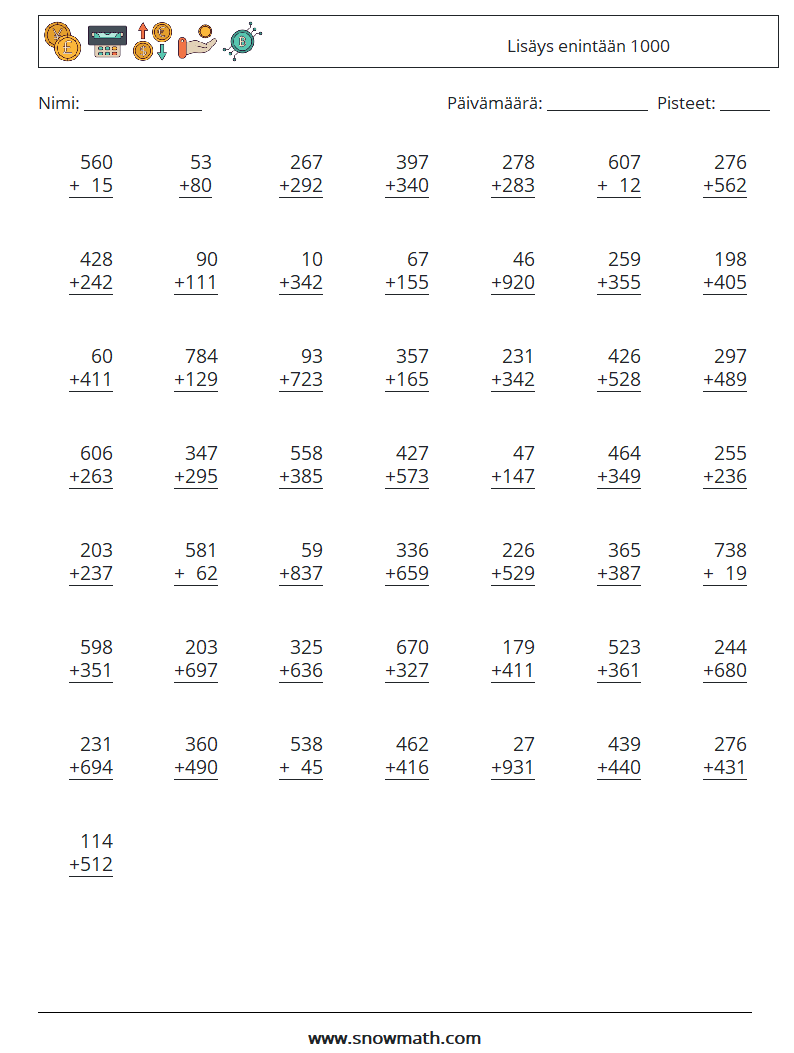 (50) Lisäys enintään 1000 Matematiikan laskentataulukot 7