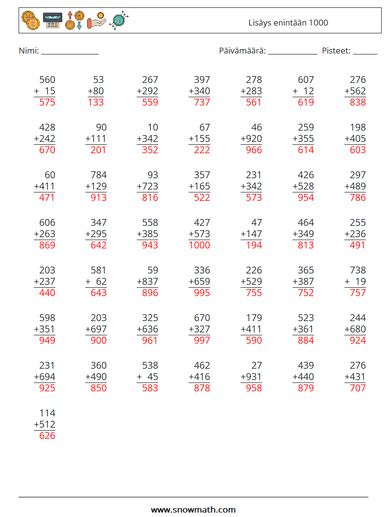 (50) Lisäys enintään 1000 Matematiikan laskentataulukot 7 Kysymys, vastaus