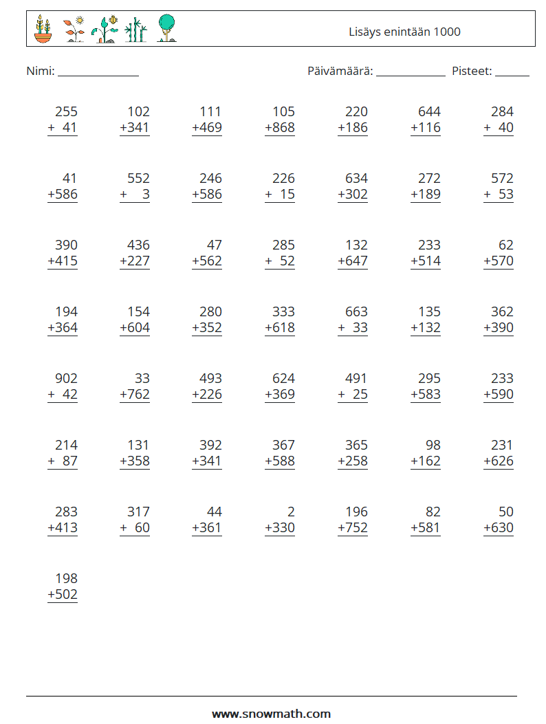 (50) Lisäys enintään 1000 Matematiikan laskentataulukot 8