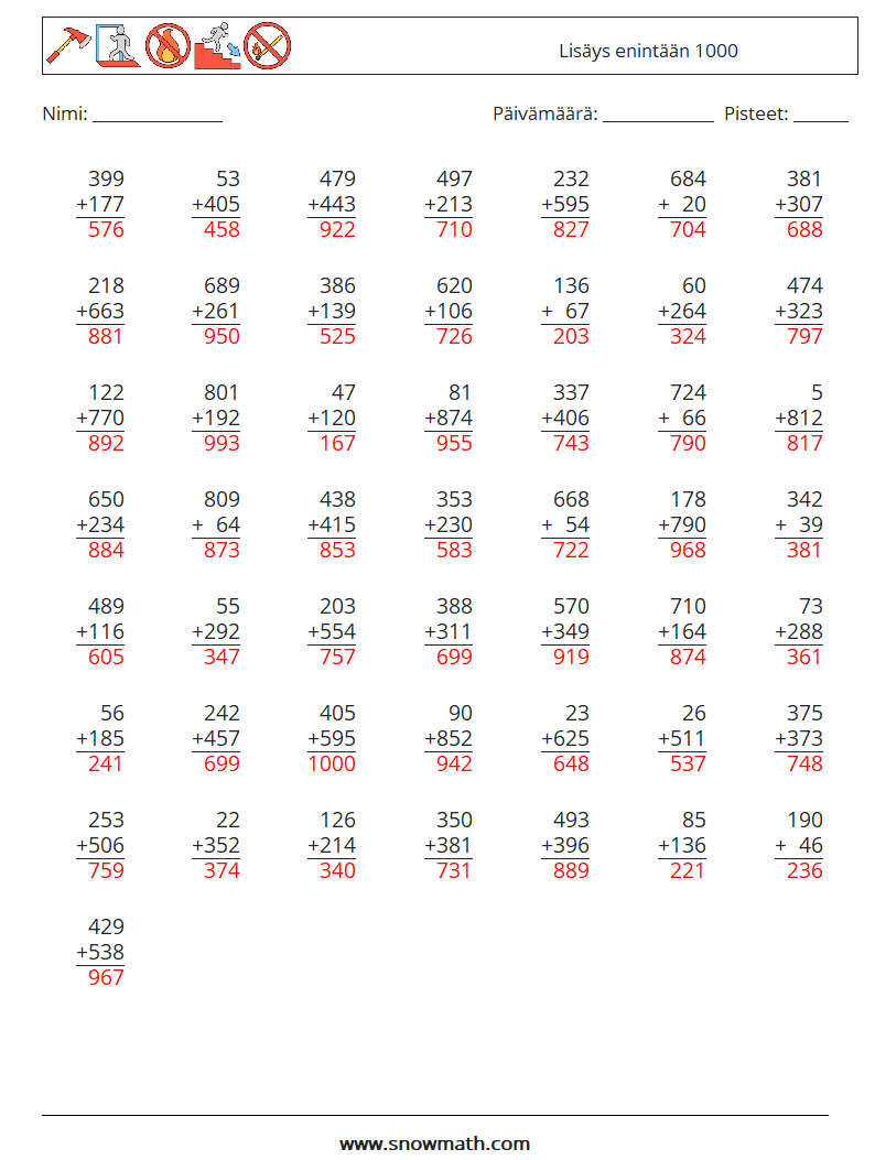 (50) Lisäys enintään 1000 Matematiikan laskentataulukot 9 Kysymys, vastaus