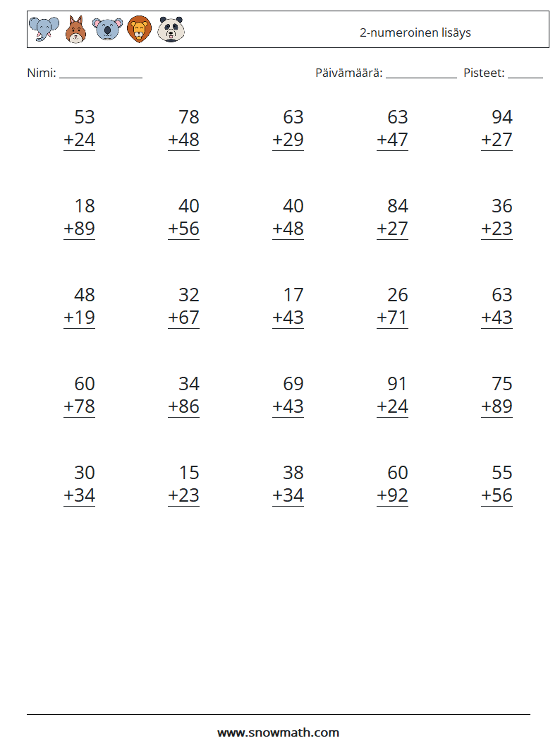 (25) 2-numeroinen lisäys Matematiikan laskentataulukot 1