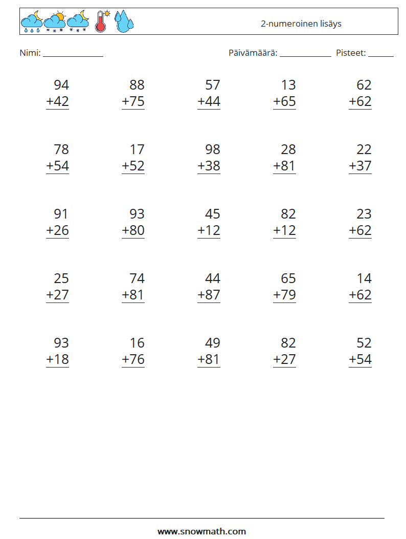 (25) 2-numeroinen lisäys Matematiikan laskentataulukot 10