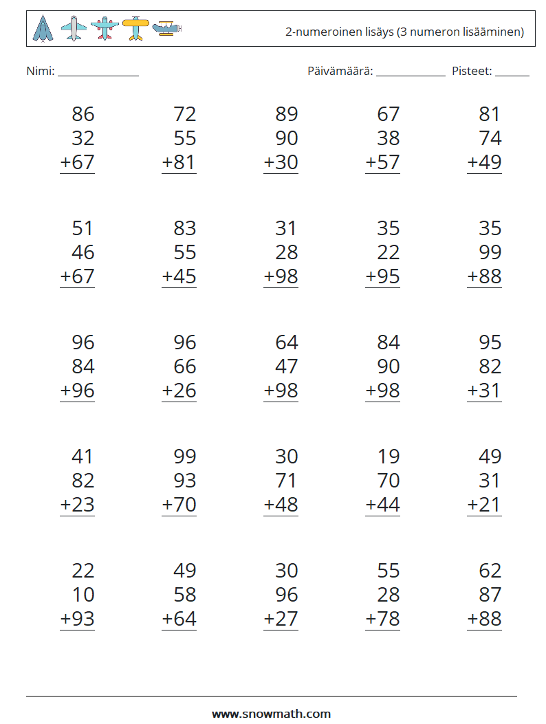 (25) 2-numeroinen lisäys (3 numeron lisääminen) Matematiikan laskentataulukot 1