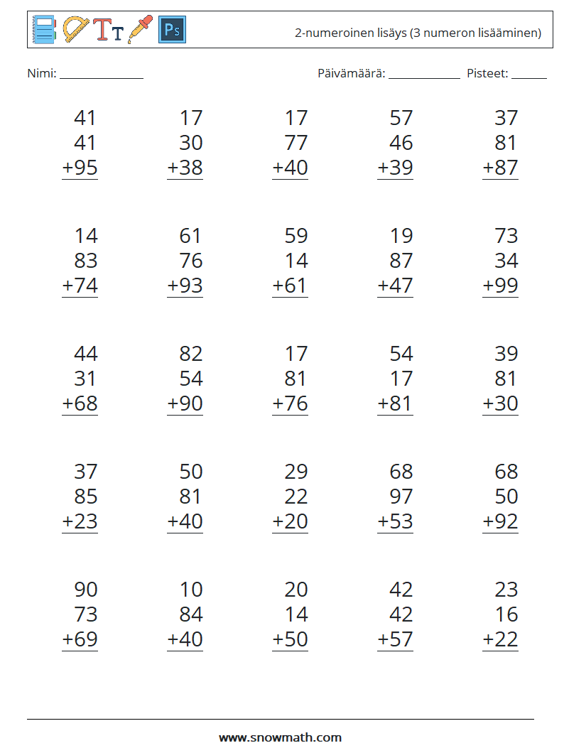 (25) 2-numeroinen lisäys (3 numeron lisääminen) Matematiikan laskentataulukot 10