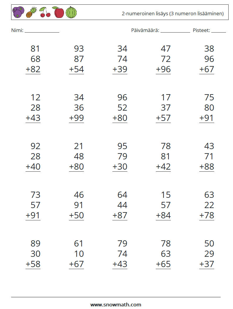 (25) 2-numeroinen lisäys (3 numeron lisääminen) Matematiikan laskentataulukot 14