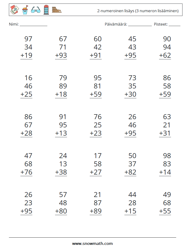 (25) 2-numeroinen lisäys (3 numeron lisääminen) Matematiikan laskentataulukot 15