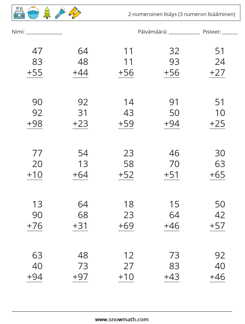 (25) 2-numeroinen lisäys (3 numeron lisääminen) Matematiikan laskentataulukot 16