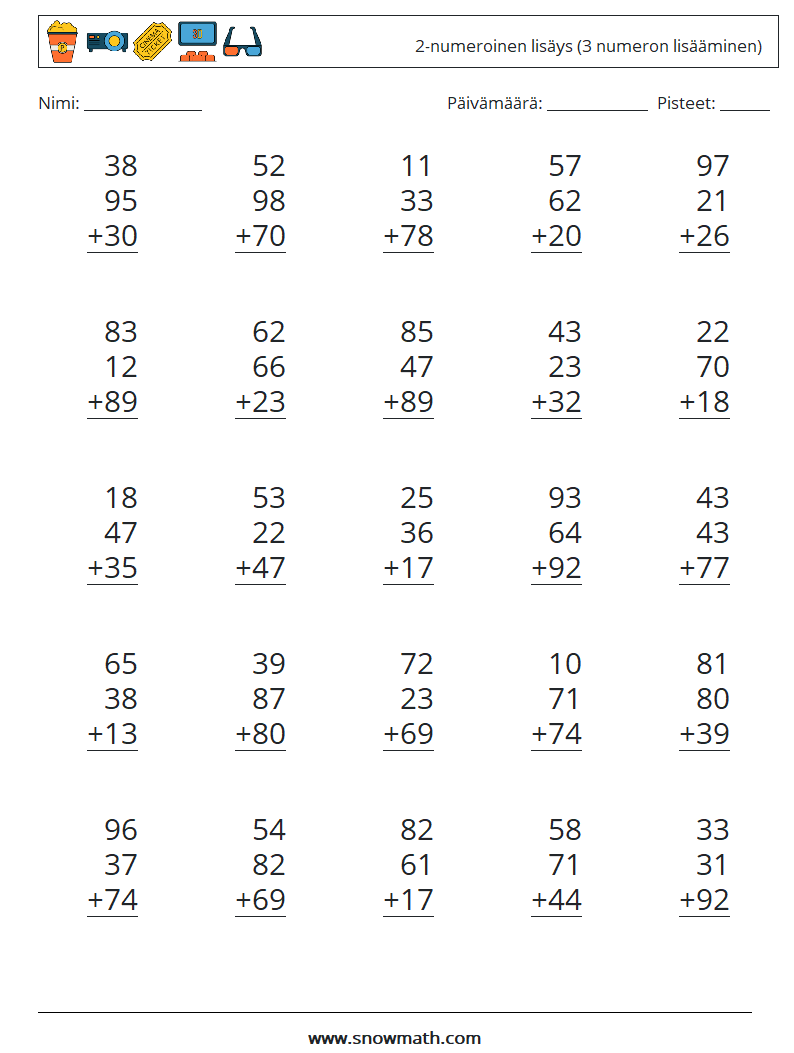 (25) 2-numeroinen lisäys (3 numeron lisääminen) Matematiikan laskentataulukot 18