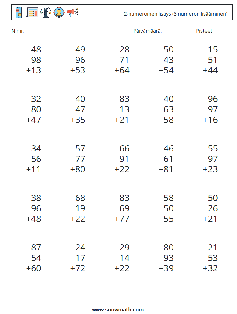 (25) 2-numeroinen lisäys (3 numeron lisääminen) Matematiikan laskentataulukot 5