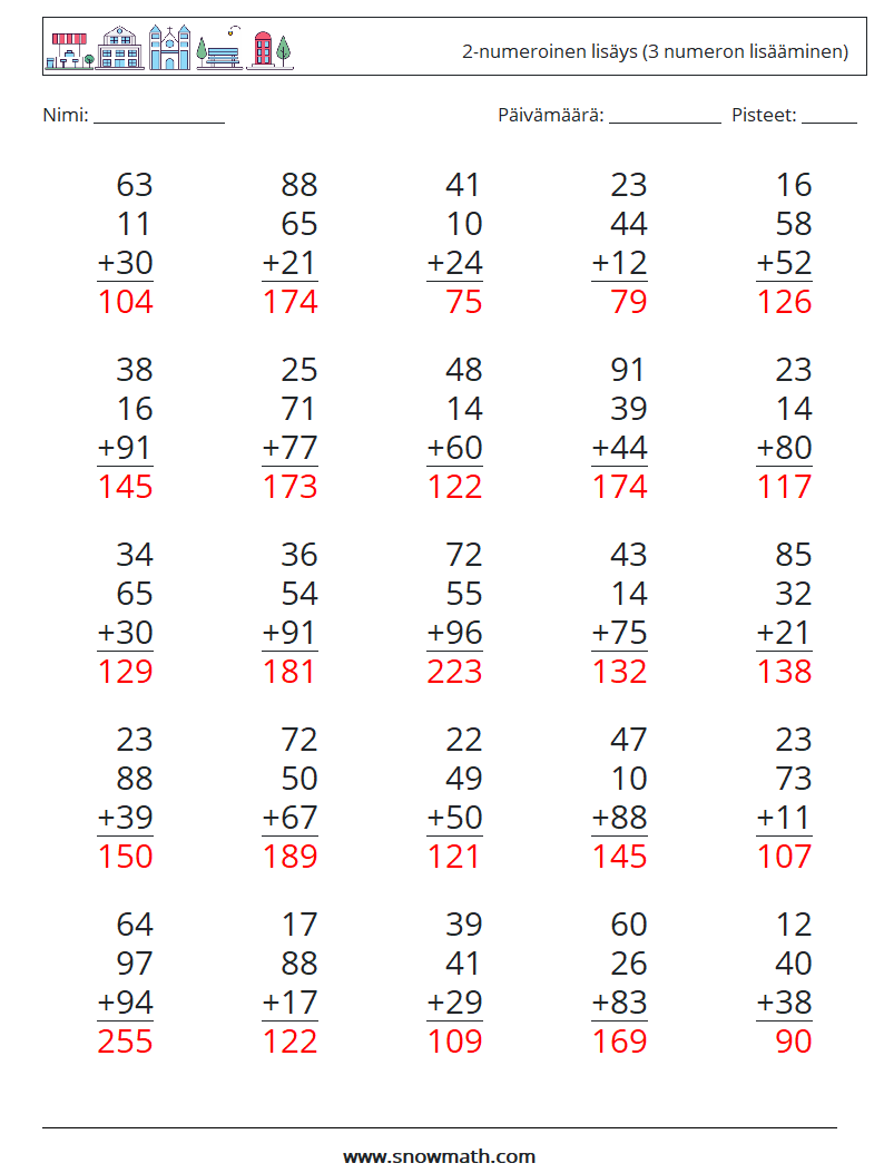 (25) 2-numeroinen lisäys (3 numeron lisääminen) Matematiikan laskentataulukot 6 Kysymys, vastaus