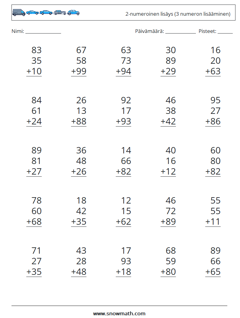 (25) 2-numeroinen lisäys (3 numeron lisääminen) Matematiikan laskentataulukot 9