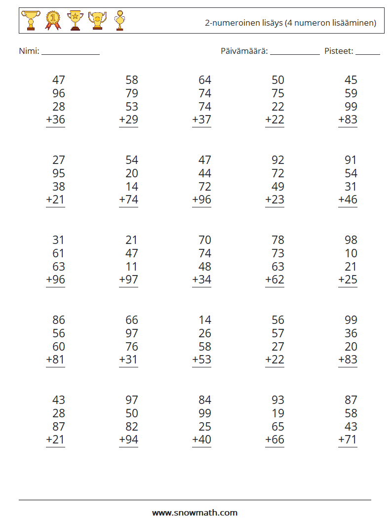 (25) 2-numeroinen lisäys (4 numeron lisääminen) Matematiikan laskentataulukot 1