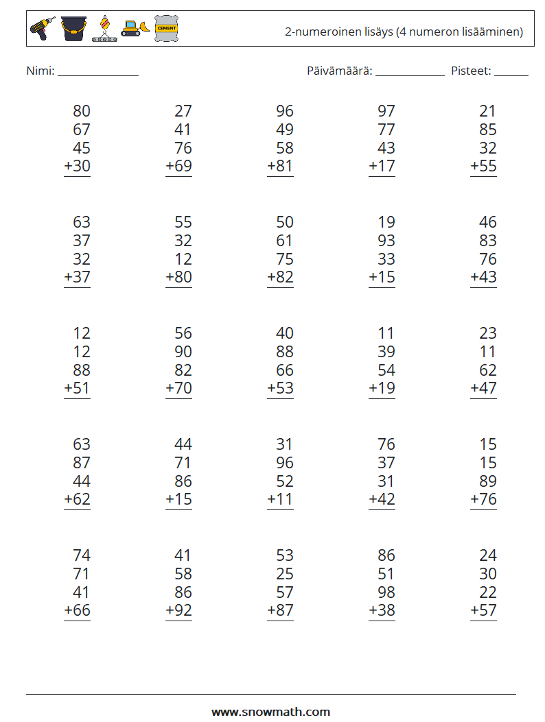 (25) 2-numeroinen lisäys (4 numeron lisääminen) Matematiikan laskentataulukot 10