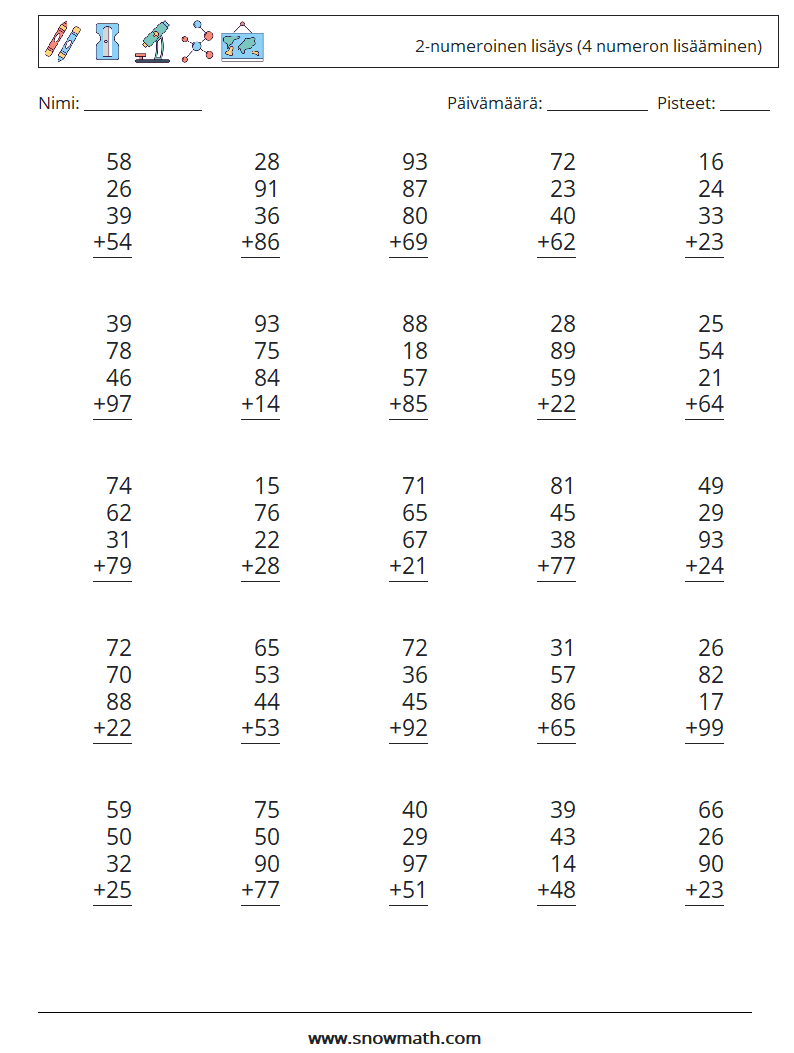 (25) 2-numeroinen lisäys (4 numeron lisääminen) Matematiikan laskentataulukot 11