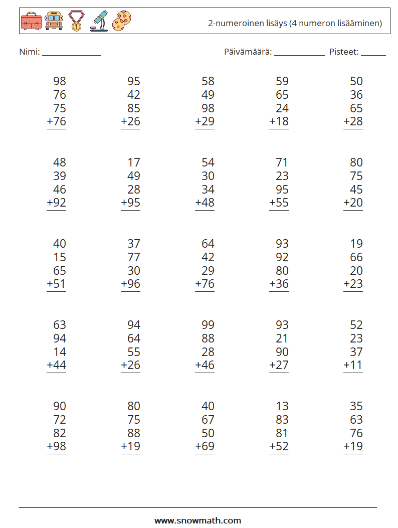 (25) 2-numeroinen lisäys (4 numeron lisääminen) Matematiikan laskentataulukot 12