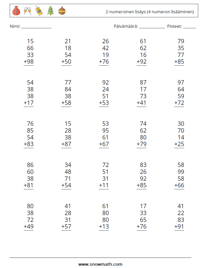 (25) 2-numeroinen lisäys (4 numeron lisääminen) Matematiikan laskentataulukot 13