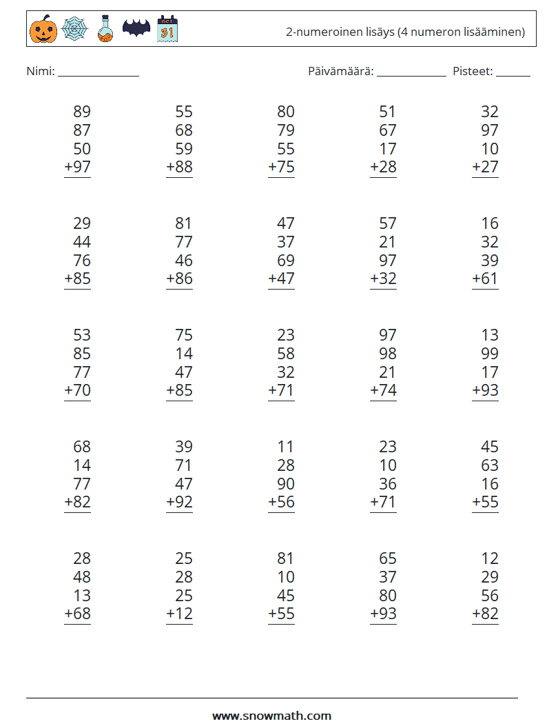 (25) 2-numeroinen lisäys (4 numeron lisääminen) Matematiikan laskentataulukot 14