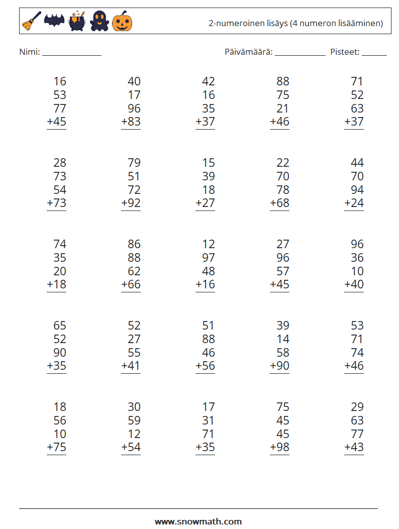 (25) 2-numeroinen lisäys (4 numeron lisääminen) Matematiikan laskentataulukot 15