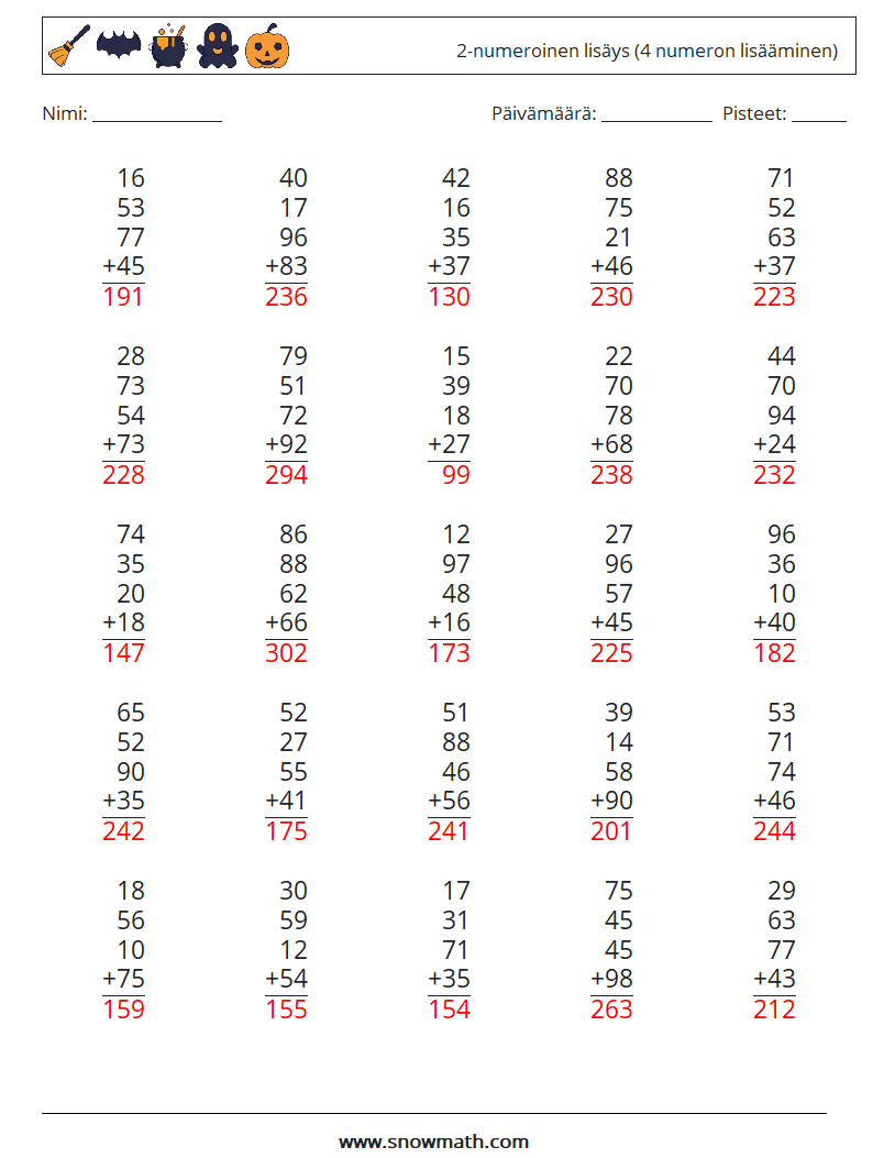 (25) 2-numeroinen lisäys (4 numeron lisääminen) Matematiikan laskentataulukot 15 Kysymys, vastaus