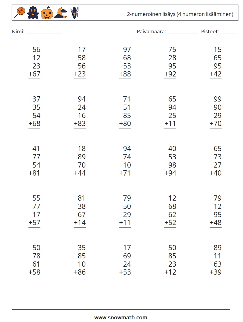 (25) 2-numeroinen lisäys (4 numeron lisääminen) Matematiikan laskentataulukot 16