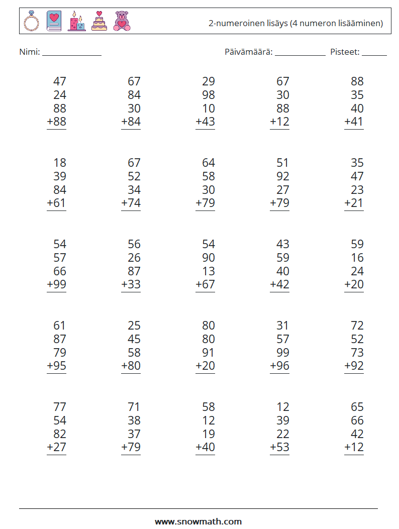 (25) 2-numeroinen lisäys (4 numeron lisääminen) Matematiikan laskentataulukot 18