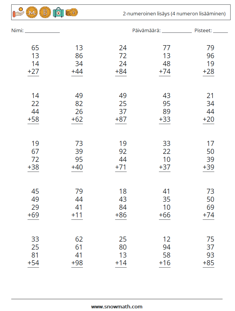 (25) 2-numeroinen lisäys (4 numeron lisääminen) Matematiikan laskentataulukot 2