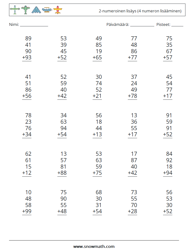 (25) 2-numeroinen lisäys (4 numeron lisääminen) Matematiikan laskentataulukot 3