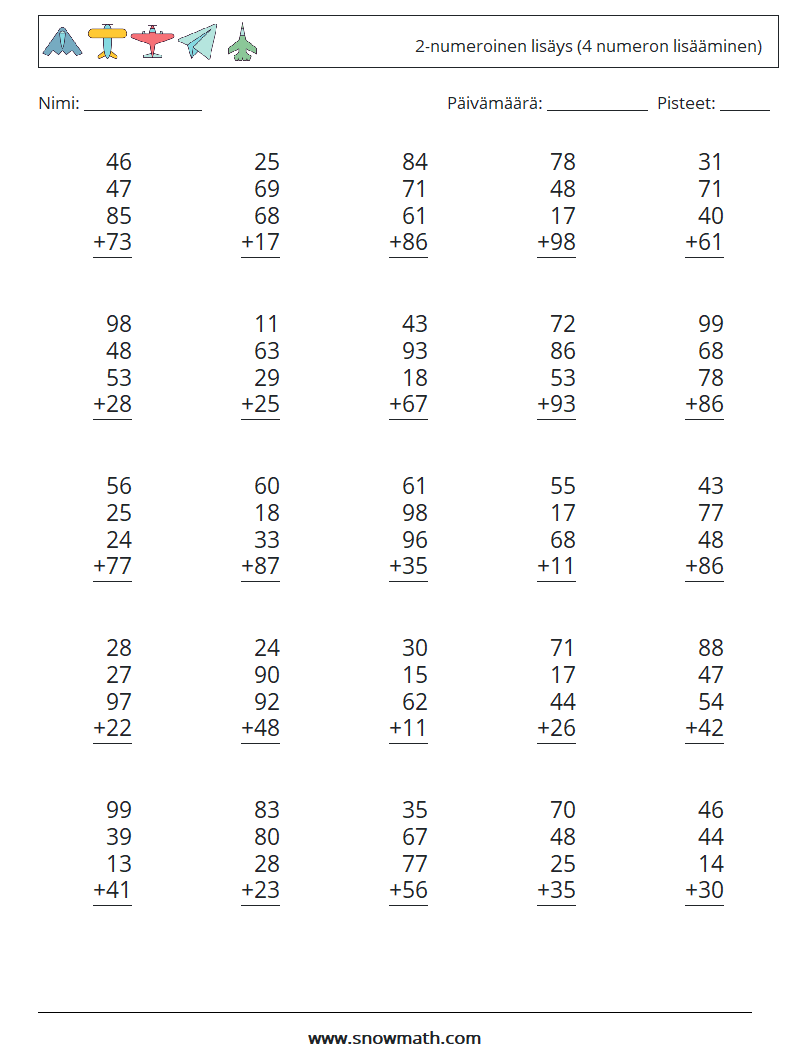 (25) 2-numeroinen lisäys (4 numeron lisääminen) Matematiikan laskentataulukot 4