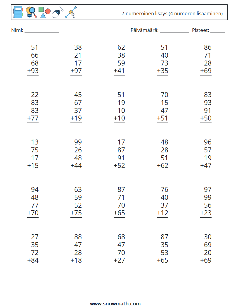 (25) 2-numeroinen lisäys (4 numeron lisääminen) Matematiikan laskentataulukot 6