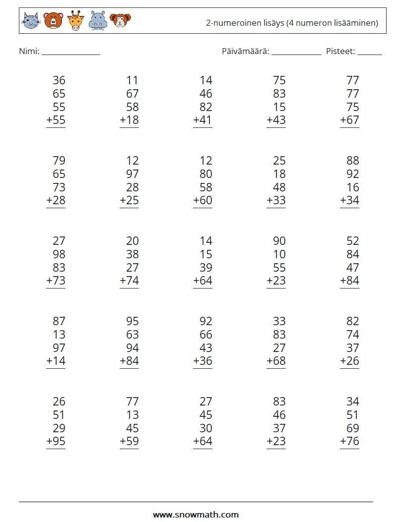 (25) 2-numeroinen lisäys (4 numeron lisääminen) Matematiikan laskentataulukot 7